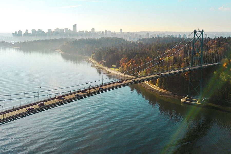 Aerial view of Stanley Park and bridge